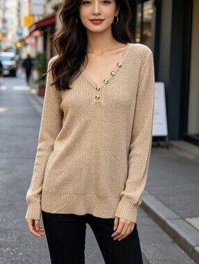 Cozy Casual Beige Knit Sweater M/L V-Neck Button Detail Long Sleeve Lightweight